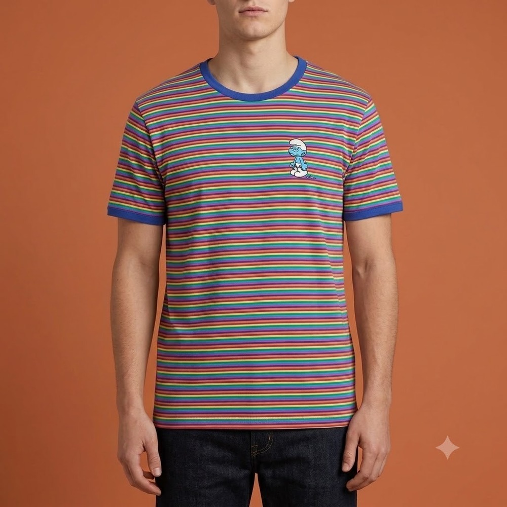 The Smurfs T-Shirt Mens Medium M Rainbow Striped Embroidered Grouchy Smurf